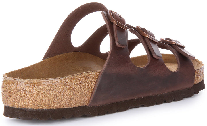 Birkenstock Florida Sandale en cuir huilé à trois lanières poure en brun foncé
